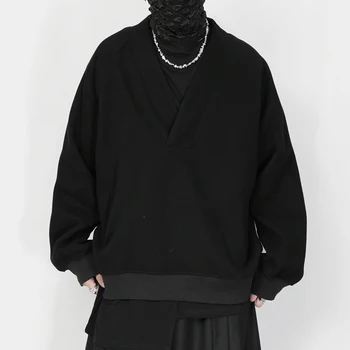Осенне-зимняя новинка 2023, мужская толстовка с капюшоном, темно-черный дизайн, Одежда для пары, простой свободный пуловер с V-образным вырезом, свитер