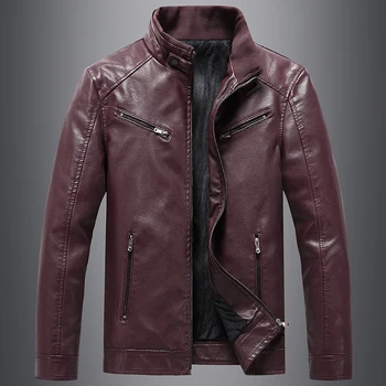 Мужская куртка из искусственной кожи, осень-зима, флисовое мотоциклетное кожаное пальто на молнии, однотонная винтажная мужская утепленная куртка-бомбер