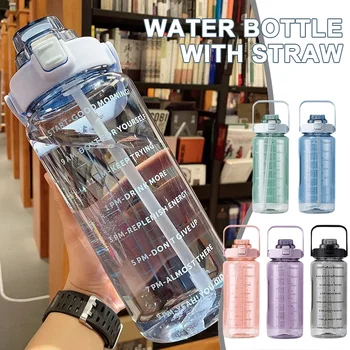 2-литровая спортивная бутылка для воды с соломинкой, спортивная бутылка для питья на открытом воздухе, Портативные бутылки для воды для путешествий и фитнеса с отметкой времени