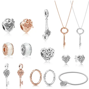Стандартное серебро S925 пробы, Классическое Розовое золото, роскошный брелок-сердечко, серьги из бисера, ожерелье, кулон, Браслет, кольцо