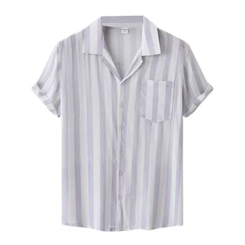 Рубашки и блузки, мужская одежда, рубашка с принтом в полоску, короткий рукав, однобортная рубашка с отложным воротником, Гавайская одежда