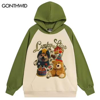 Толстовка Harajuku с забавной милой собачкой и игрушечным медведем, толстовка в стиле пэчворк с графическим принтом, уличная одежда 2023, модный свободный пуловер в стиле хип-хоп с капюшоном