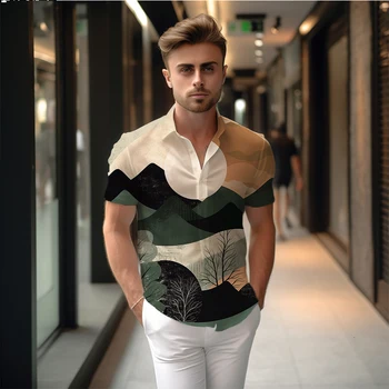 Летняя новая мужская рубашка с горным 3D принтом, мужская рубашка в стиле element painting, мужская рубашка, повседневная модная тенденция, мужская рубашка
