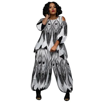 Осенний элегантный Африканский принт с круглым вырезом и длинным рукавом, большие размеры, топ и длинные брюки из 2 предметов, комплекты одежды L-4XL в африканском стиле для женщин