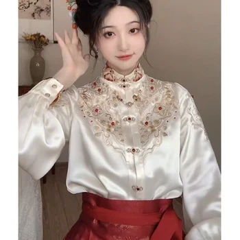 Улучшенные рубашки Hanfu, женские осенние атласные рубашки с вышивкой, женские топы с китайской модой и вышивкой