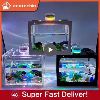 Небольшой аквариум для рыб с семицветной светодиодной подсветкой, настольный креативный микроландшафтный экологический аквариум, мини-аквариум с тропическими рыбками 