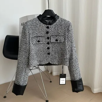 Модная куртка в стиле ретро 2023, Осенний дизайн женской одежды, воротник-стойка, Короткое серое пальто из французского твида, женское