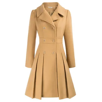 Женское двубортное пальто GK длиной выше колена, плиссированное шерстяное пальто трапециевидной формы из смесовой шерсти
