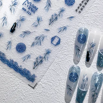 Синий Черный Бамбук В китайском стиле, 3D самоклеящиеся наклейки для ногтей, Водяные чернила, Бабочки, Орхидеи, Наклейки для маникюра Оптом