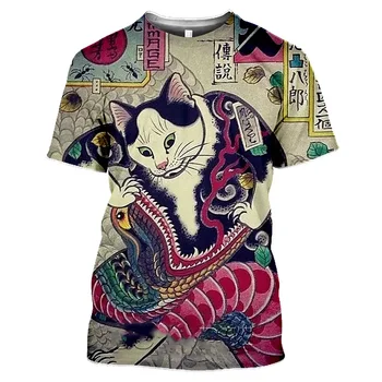 Летняя японская 3D футболка с принтом кота Харадзюку, Модная повседневная верхняя одежда с большим круглым вырезом и коротким рукавом