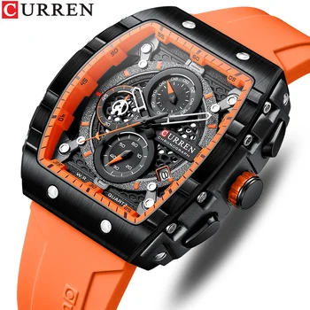 Наручные часы модного бренда CURREN для мужчин с силиконовыми ремешками Кварцевые часы с полым циферблатом и автоматической датой Квадратные часы Мужские