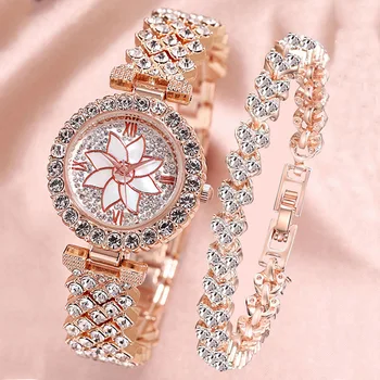 Роскошные женские часы из розового золота, модные женские кварцевые наручные часы с бриллиантами, Элегантные женские часы-браслет, комплект из 2 предметов Reloj Mujer