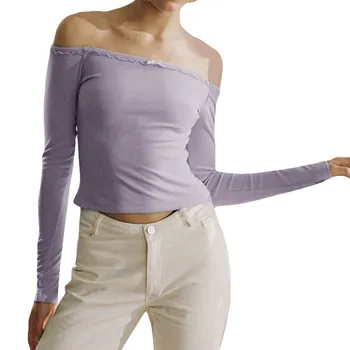 y2k Топ, Женская футболка в стиле харадзюку, укороченные топы, осенняя одежда, однотонные футболки с вырезом лодочкой, открытыми плечами и длинным рукавом, сексуальная уличная одежда