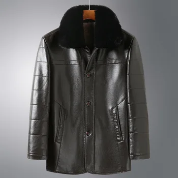 Зимнее пальто на пуговицах из искусственной кожи с воротником из искусственного меха, толстая плюшевая Свободная кожаная куртка 6xl, мужское пальто, верхняя одежда из черного меха.