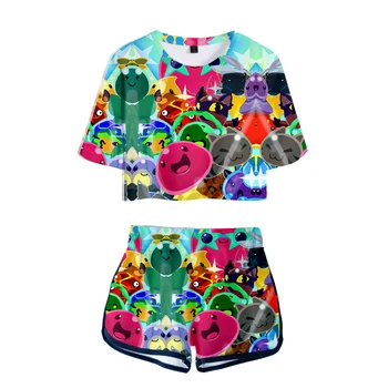 Женская футболка, Топы Slime Rancher, Комплект из двух предметов для девочек, Летний укороченный топ с коротким рукавом + шорты, уличная одежда, игра-симулятор, женский костюм