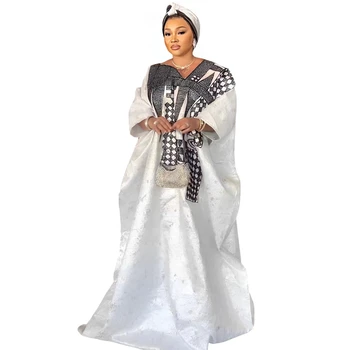 Женское африканское платье больших размеров, платье Bazin Riche С вышивкой, Длинное платье в пол С шарфом