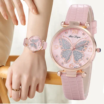 Дизайн циферблата с бабочкой и бриллиантом, женские кварцевые часы, модные повседневные женские наручные часы, простые женские кожаные часы Montre Femme