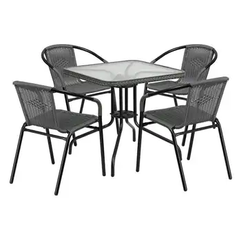 28-дюймовый стеклянный металлический стол с окантовкой из серого ротанга и 4 серых стула из ротанга